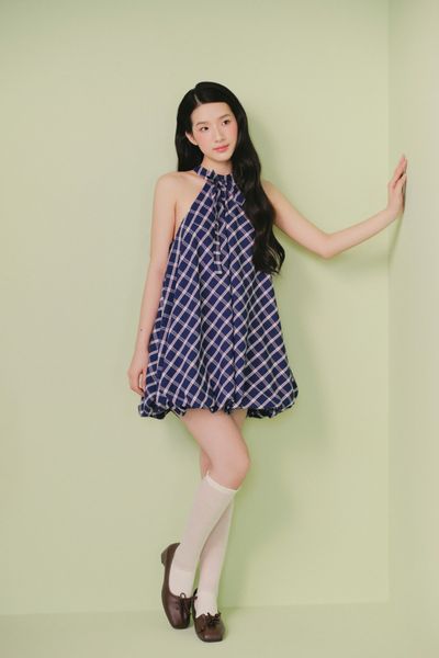  Váy cổ yếm kẻ caro Blue Checked Halter Neck Puff Mini Dress 
