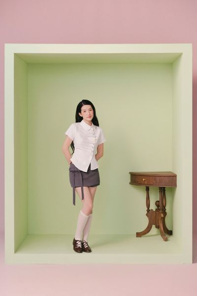  Áo kiểu sơ mi White Cotton Buttoned Collar Top 