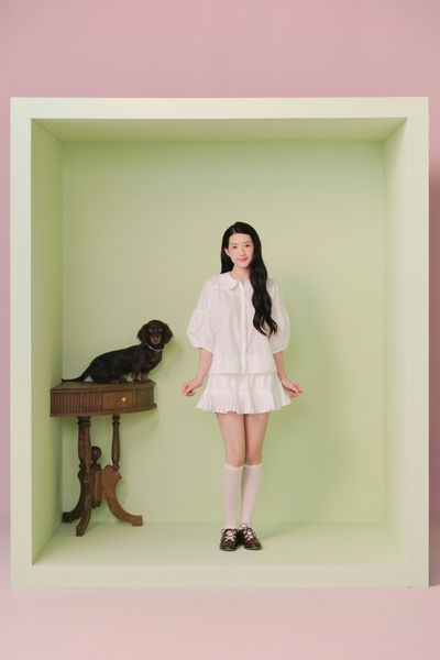  Set áo tay lỡ kèm chân váy White Linen Collar Pleated Puff Sleeves Set 