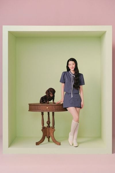  Set áo kèm chân váy kẻ sọc Blue White Bow Striped Set 