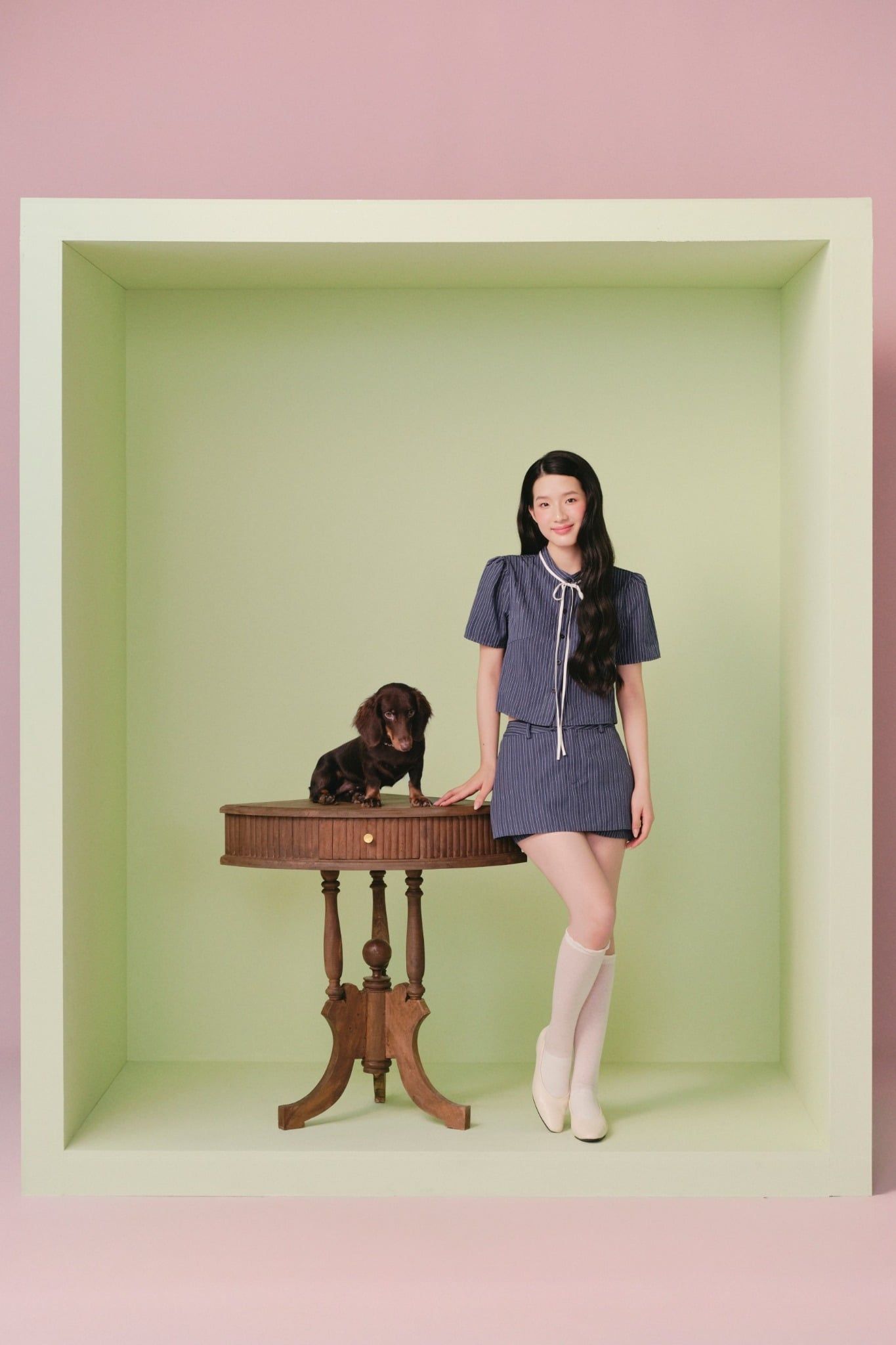 Set áo kèm chân váy kẻ sọc Blue White Bow Striped Set