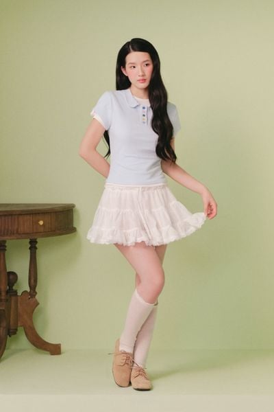  Áo thun polo Blue Cotton Short Sleeves Collar Top 