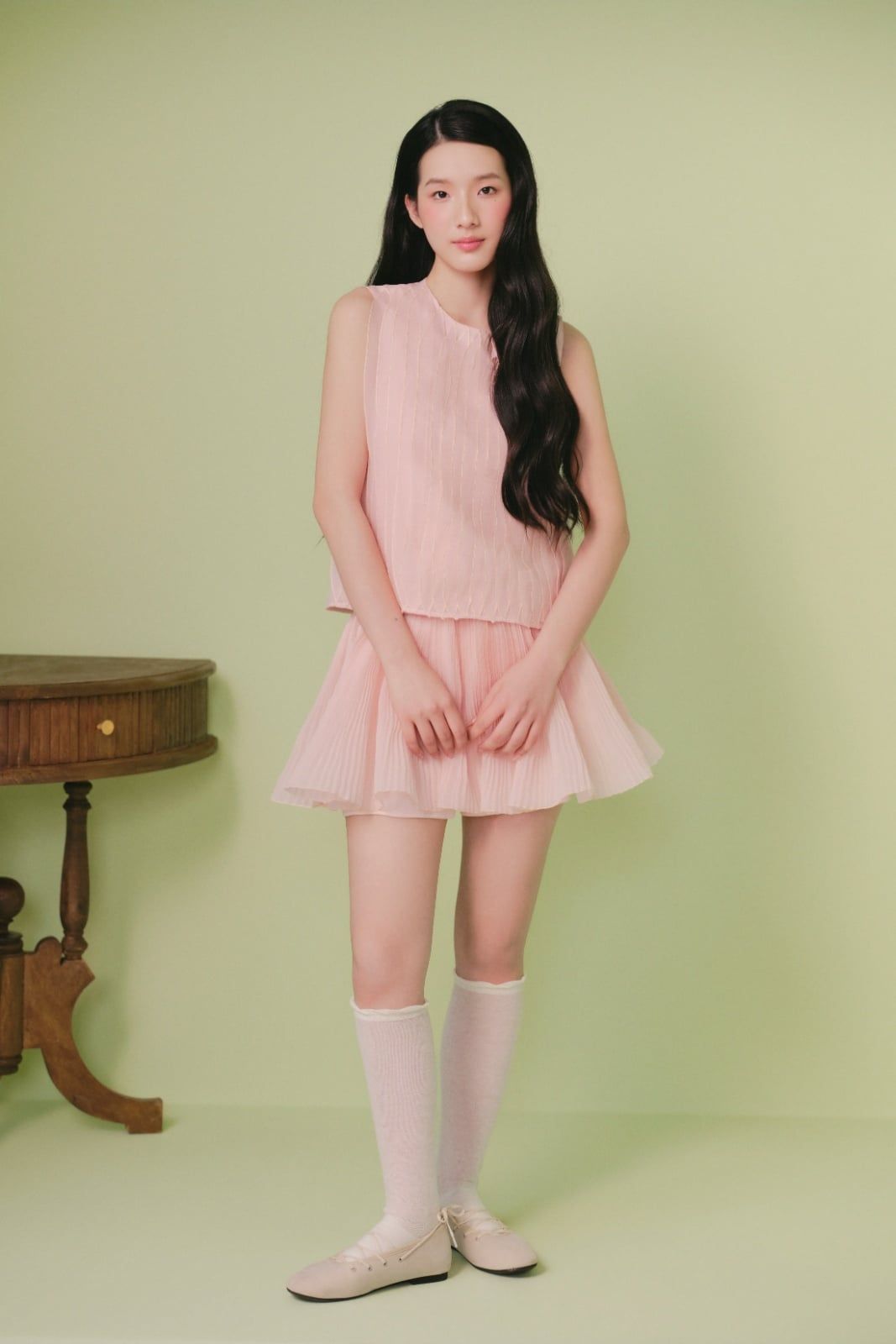 Set ngắn trơn Blush Chiffon Sleeveless Pleated Set