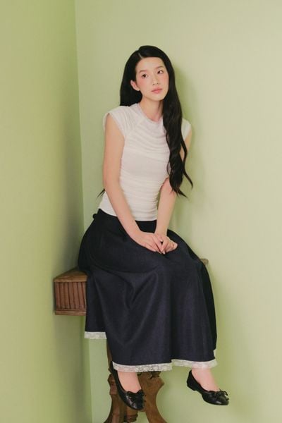  Áo cánh tiên nhún bèo White Cotton Short Sleeves Ruched Top 