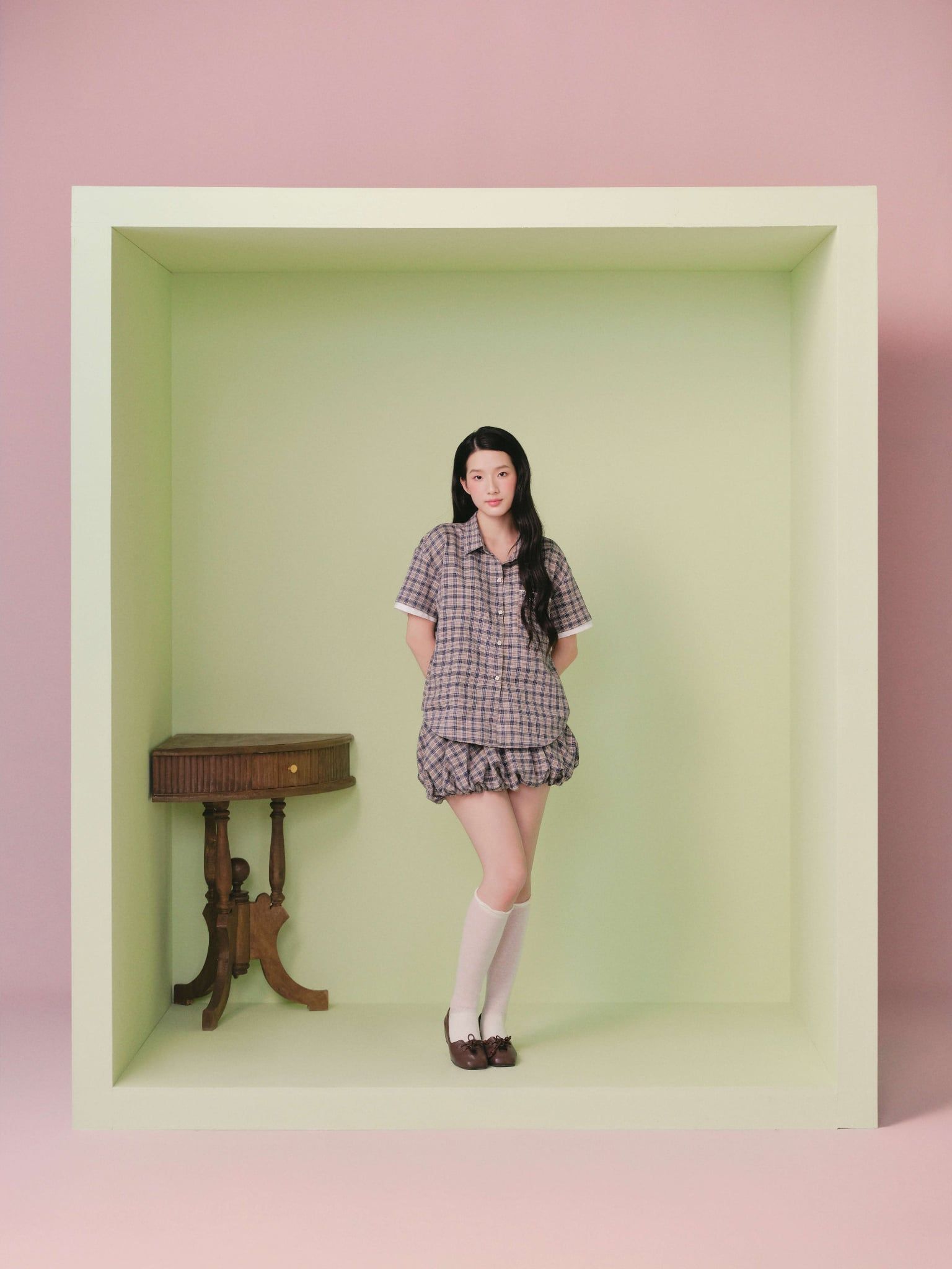 Set sơ mi caro ngắn Gray Checked Buttoned Loose