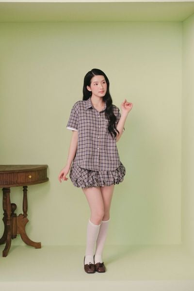  Set sơ mi caro ngắn Gray Checked Buttoned Loose 