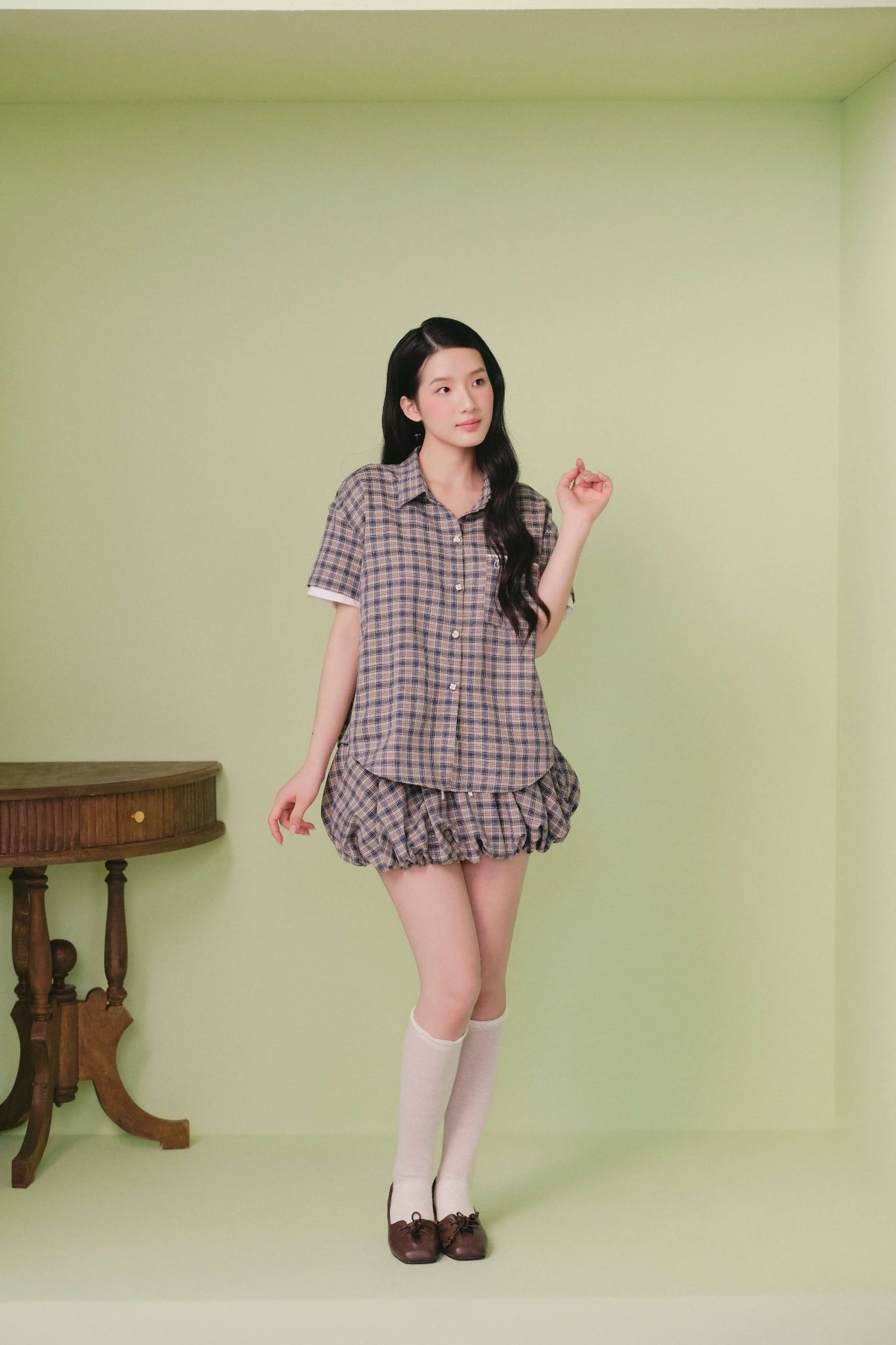 Set sơ mi caro ngắn Gray Checked Buttoned Loose