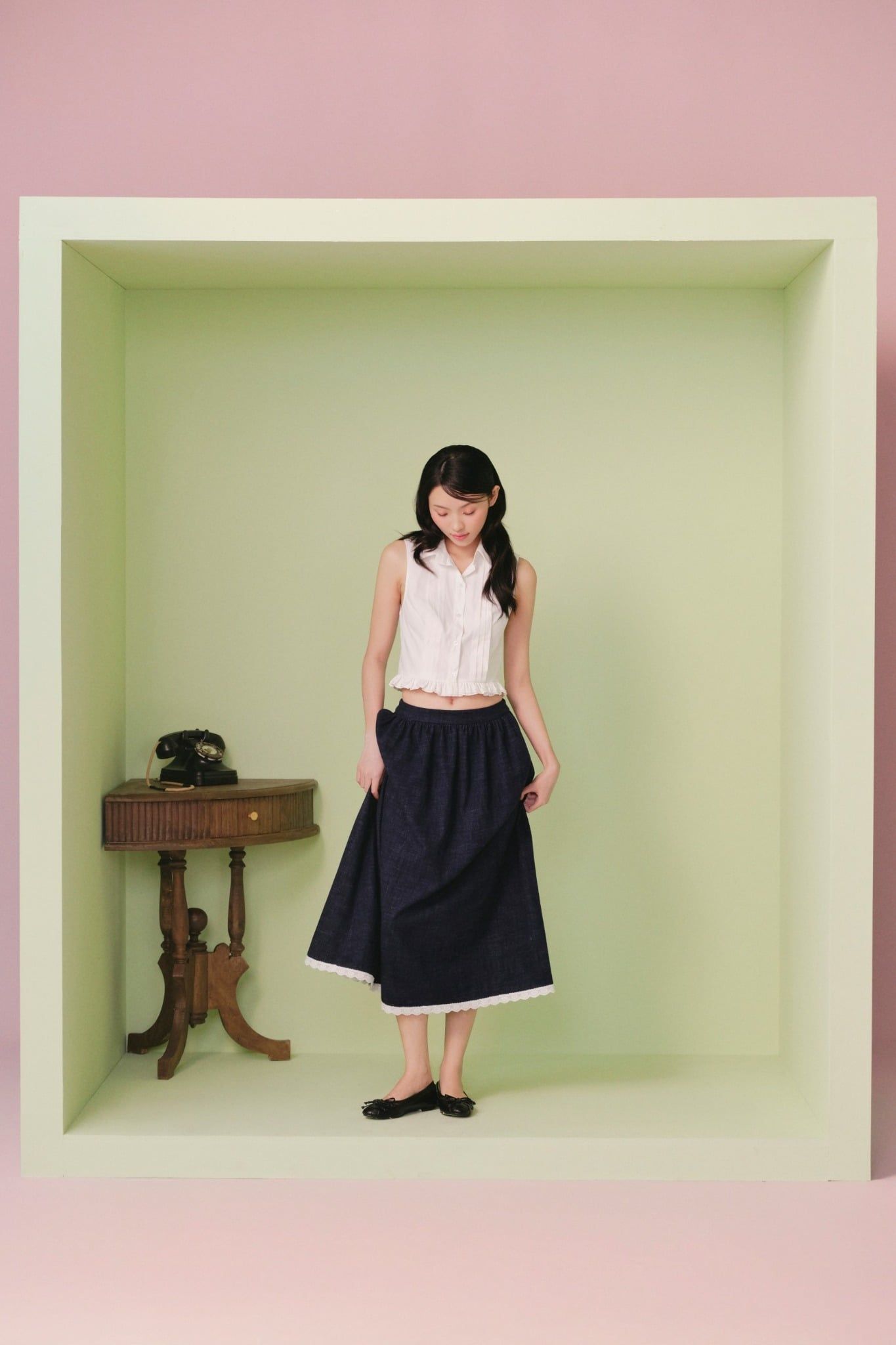 Chân váy dáng dài Navy Denim Trim Skirt