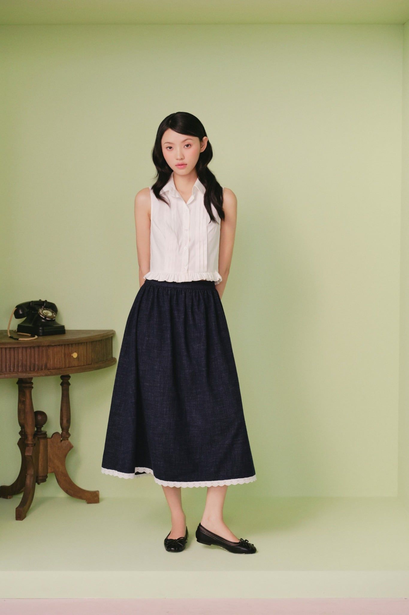 Chân váy dáng dài Navy Denim Trim Skirt