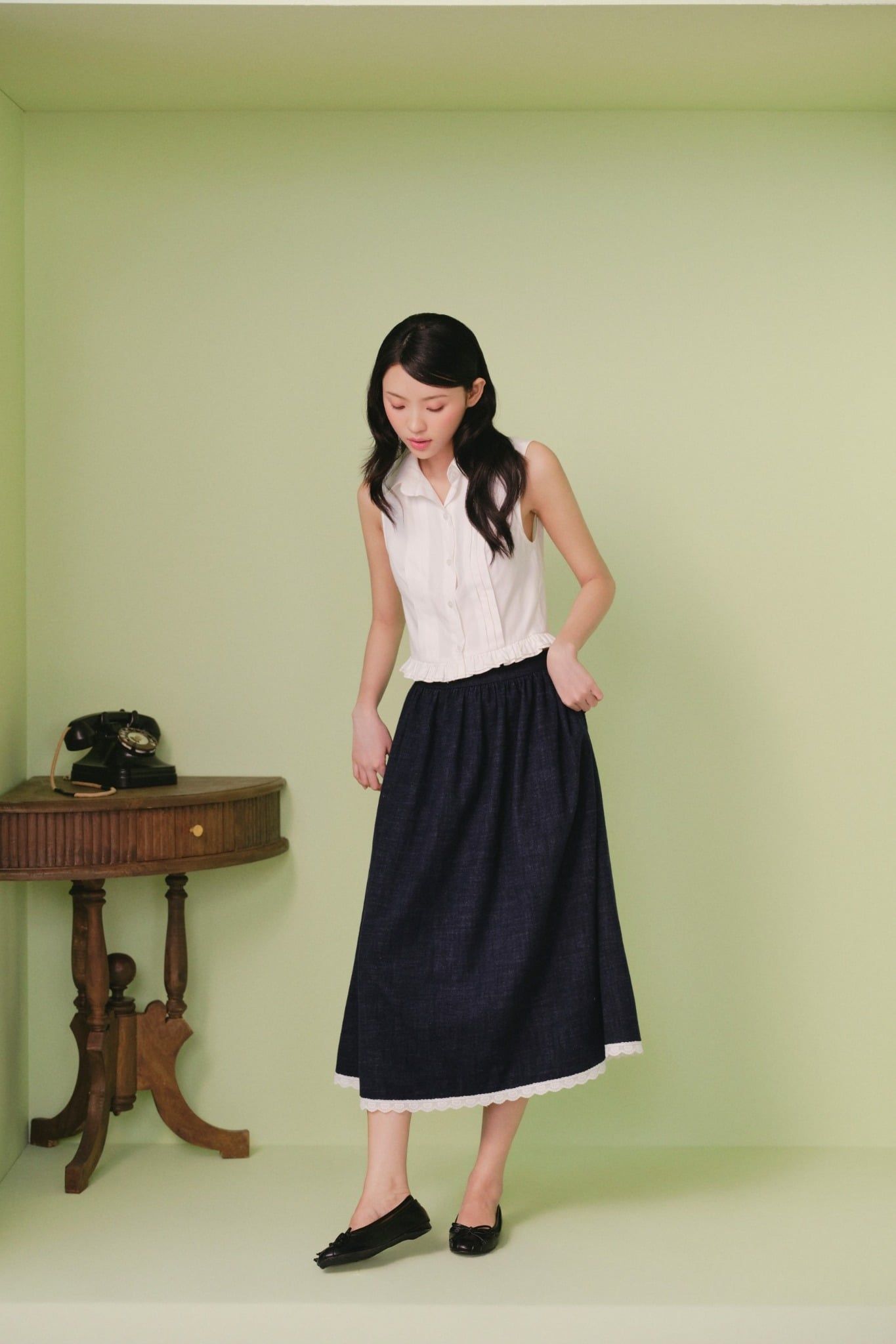 Chân váy dáng dài Navy Denim Trim Skirt