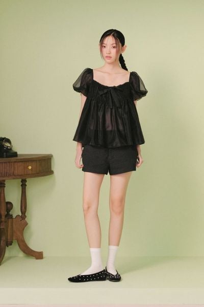  Áo babydoll tơ Black Chiffon Puff Sleeves Top 
