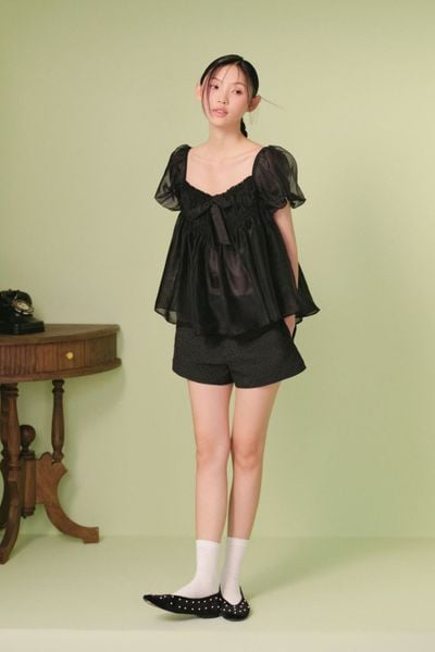  Áo babydoll tơ Black Chiffon Puff Sleeves Top 