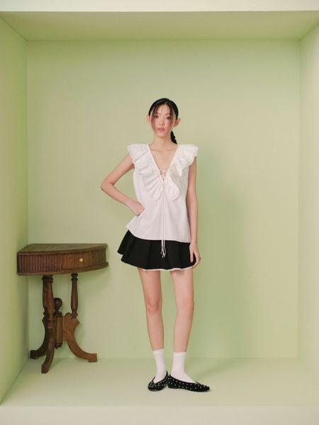  Áo kiểu White Cotton Ruffle Tie Front Top 