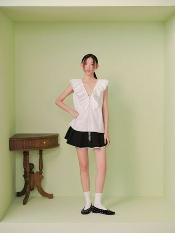 Áo kiểu White Cotton Ruffle Tie Front Top