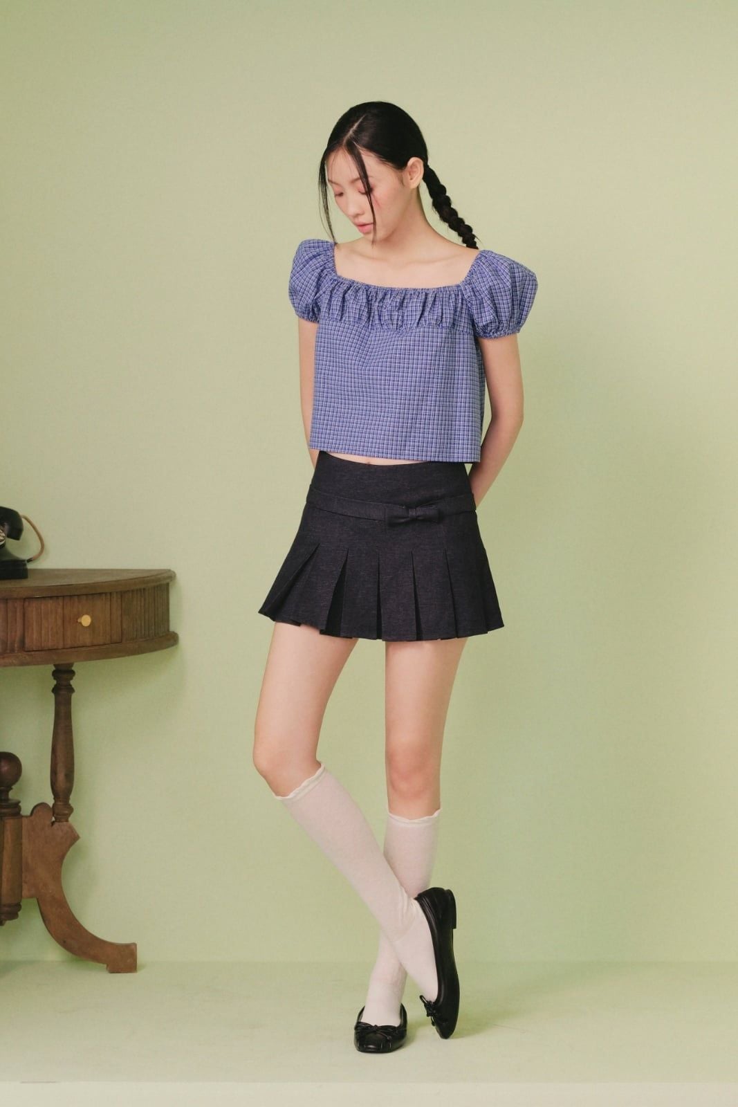 Chân váy thắt nơ Navy Denim Pleated Bowy Skirt