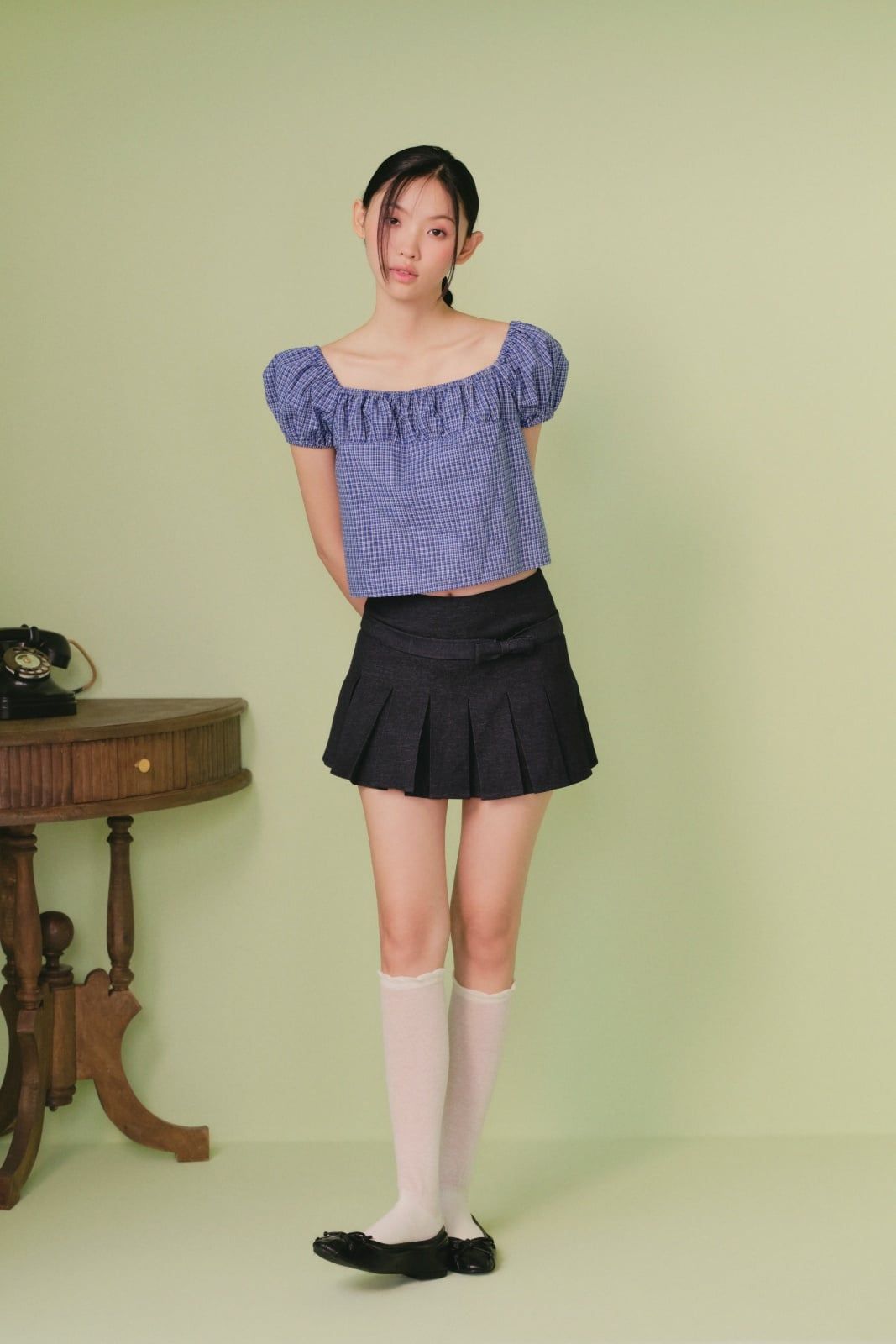 Chân váy thắt nơ Navy Denim Pleated Bowy Skirt