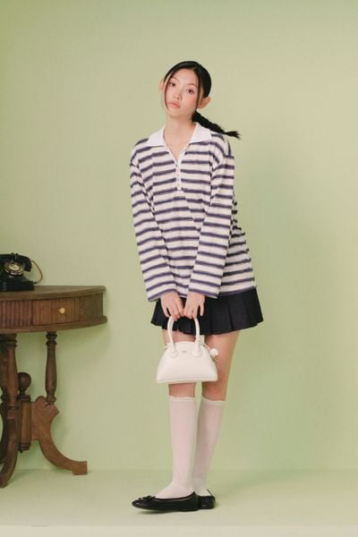  Áo thun tay dài Navy Cotton Striped Oversized Polo Top 