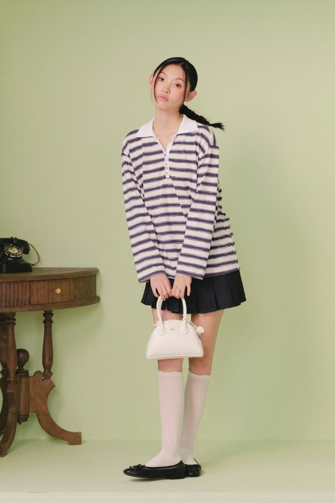 Áo thun tay dài Navy Cotton Striped Oversized Polo Top