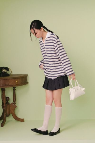  Áo thun tay dài Navy Cotton Striped Oversized Polo Top 