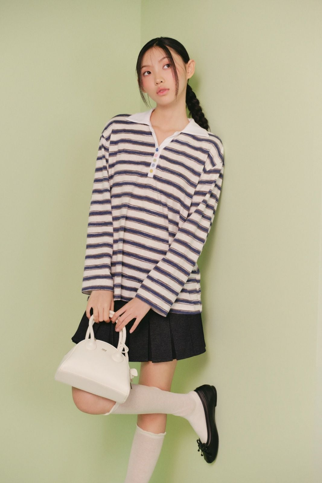 Áo thun tay dài Navy Cotton Striped Oversized Polo Top