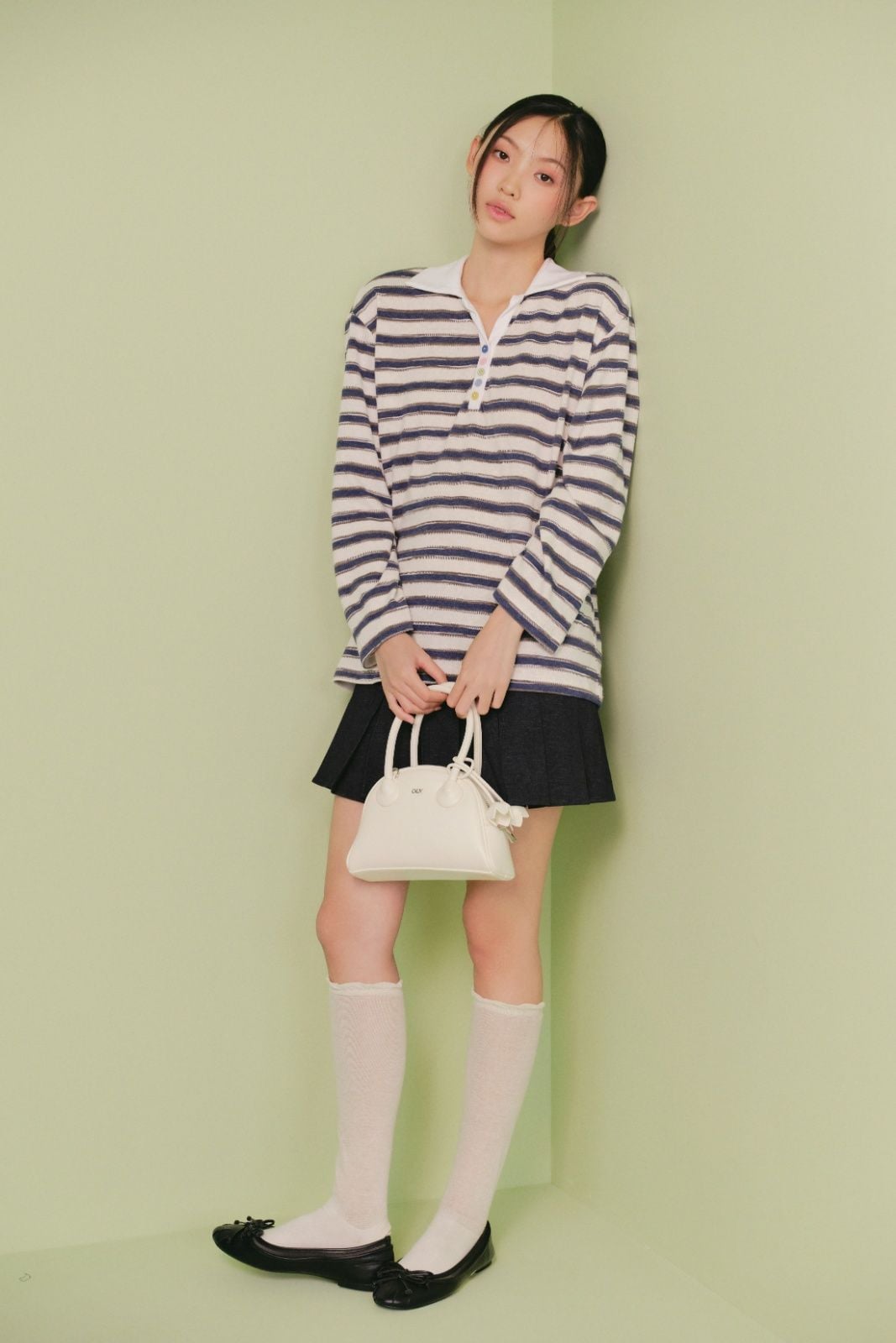 Áo thun tay dài Navy Cotton Striped Oversized Polo Top