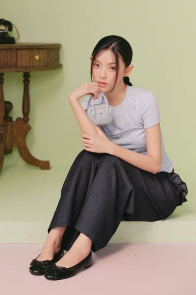  Áo thun ôm cổ tròn Blue Cotton Short Sleeves Top 