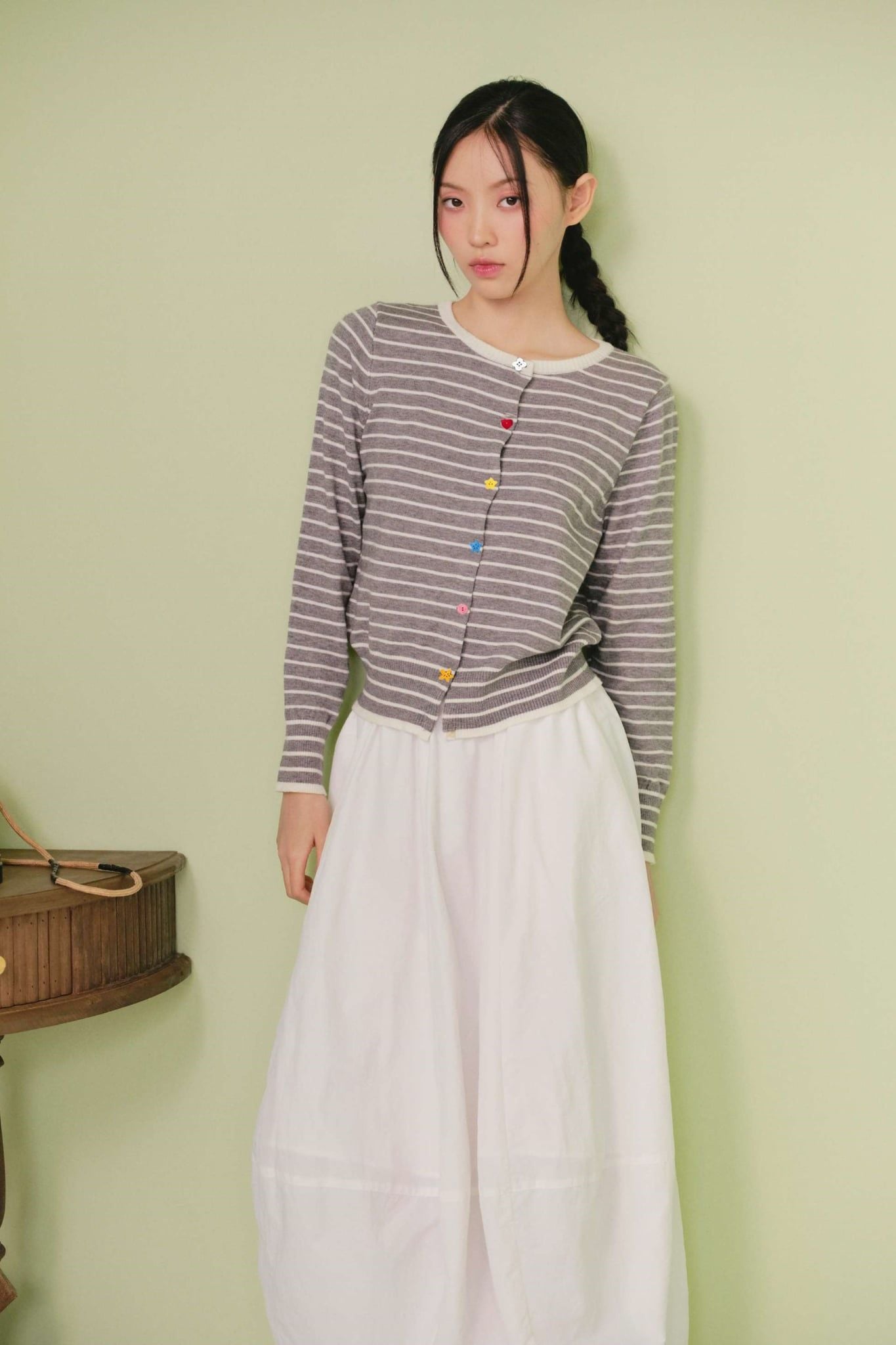 Áo cardigan White Knit Striped Buttoned Cardigan