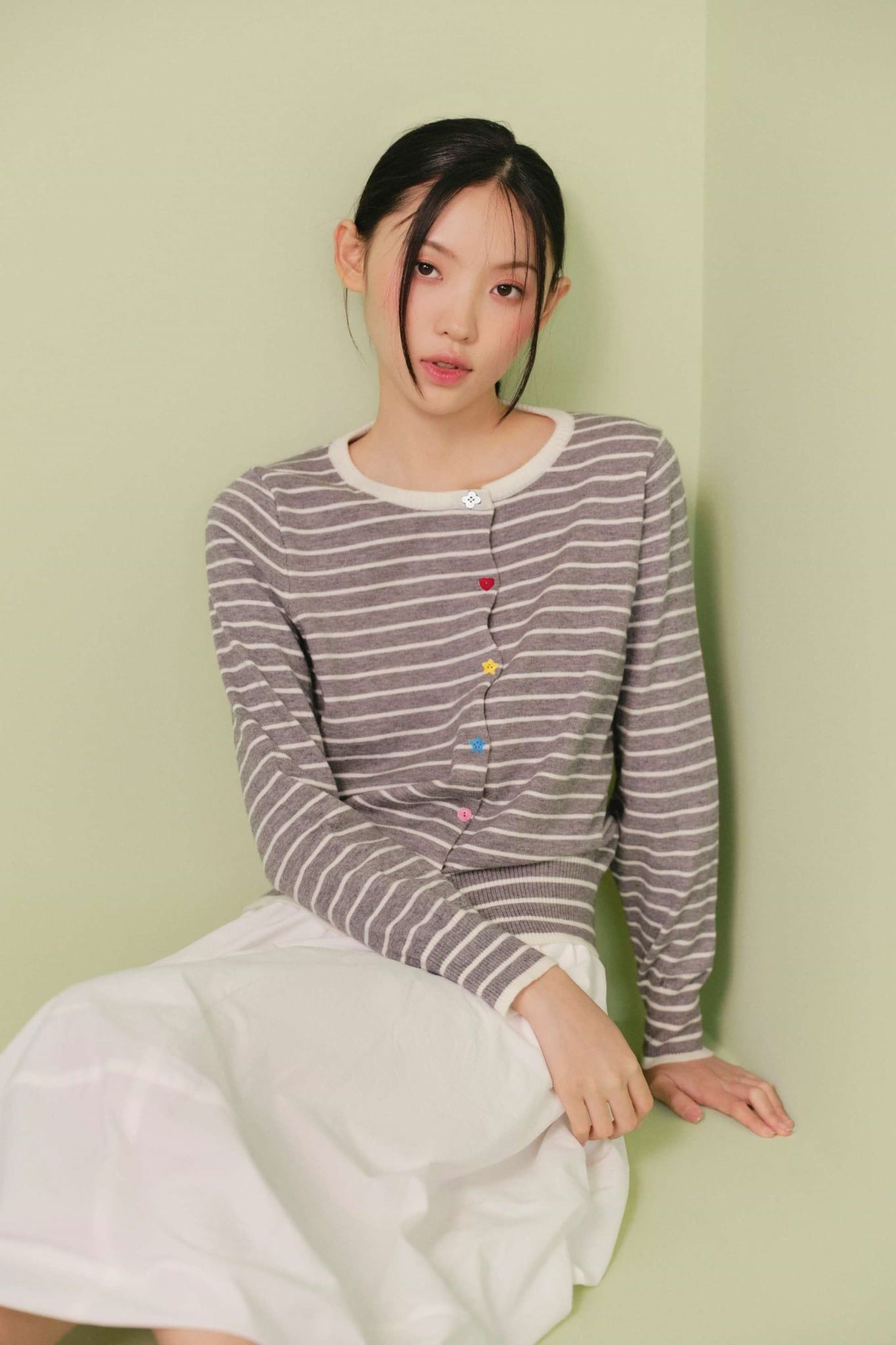 Áo cardigan White Knit Striped Buttoned Cardigan