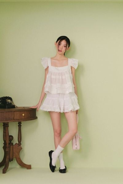  Áo babydoll cánh tiên White Cotton Lace Trim Babydoll Top 