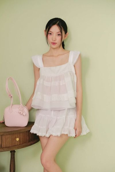  Áo babydoll cánh tiên White Cotton Lace Trim Babydoll Top 