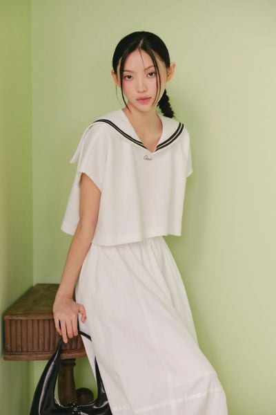  Áo sailor White Cotton Sailor Crop Top 