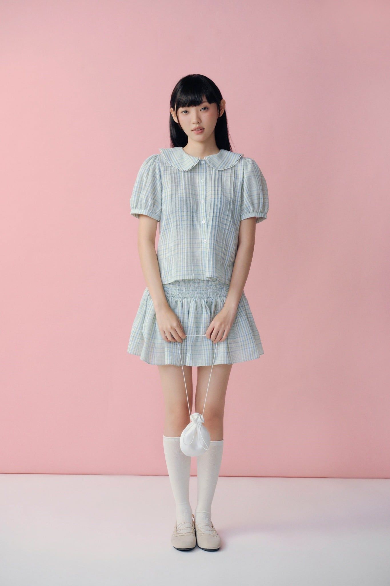 Áo babydoll cổ sen Green Puff Sleeve Collar Shirt