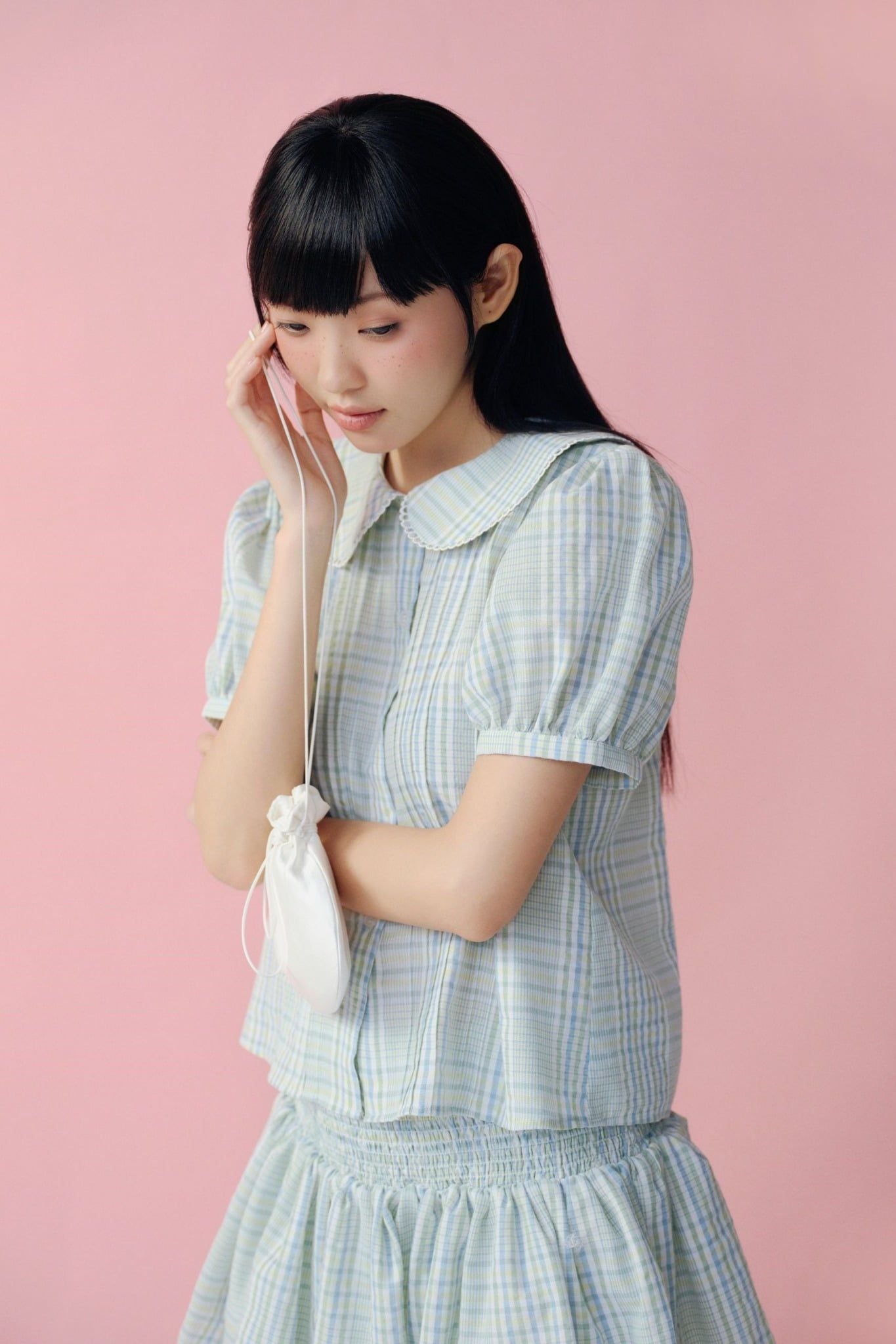 Áo babydoll cổ sen Green Puff Sleeve Collar Shirt