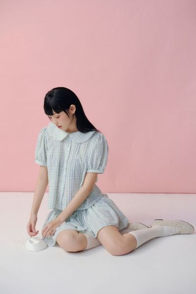  Áo babydoll cổ sen Green Puff Sleeve Collar Shirt 