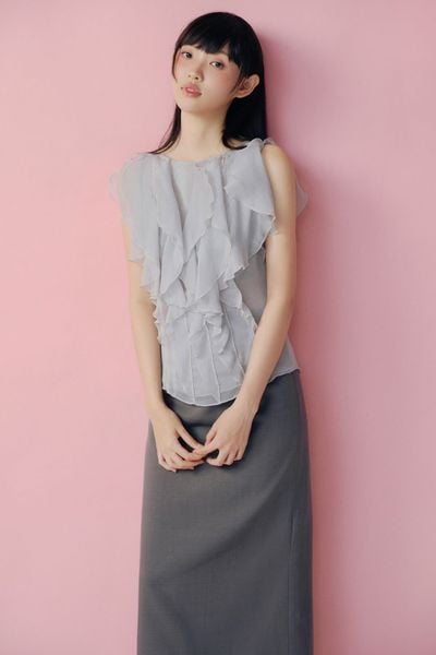  Áo kiểu Grey Chiffon Soft Frill Top 