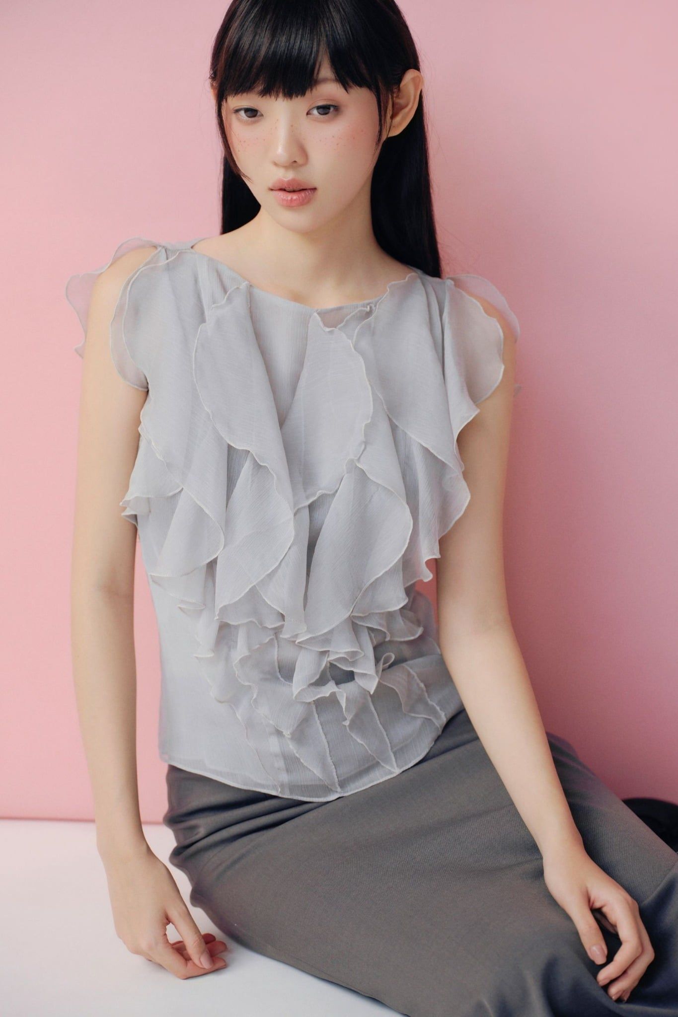 Áo kiểu Grey Chiffon Soft Frill Top