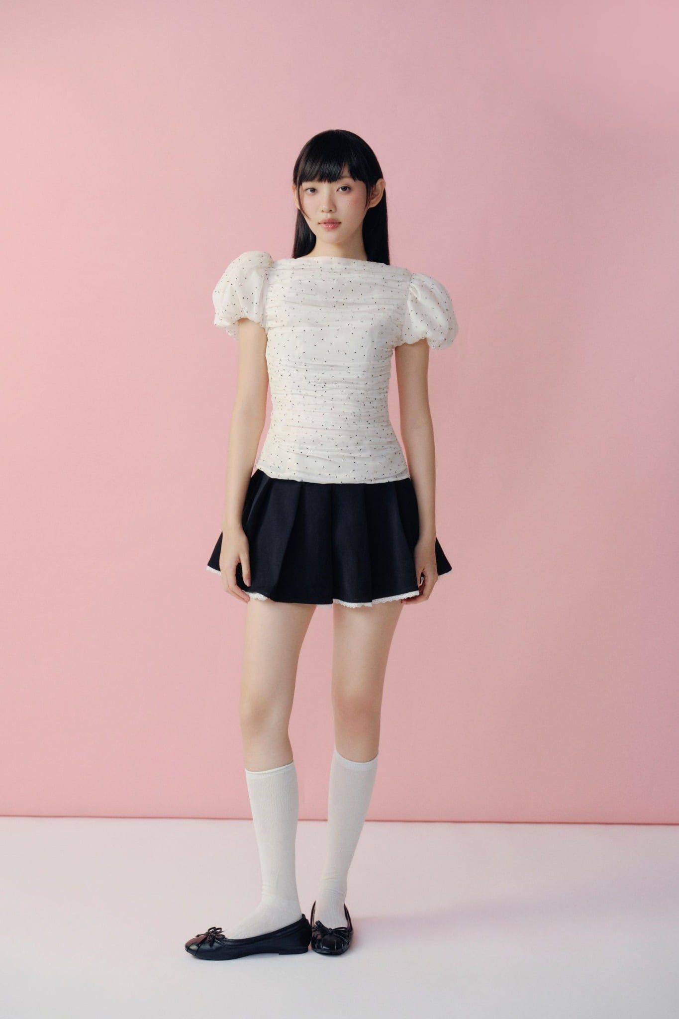 Áo kiểu Ivory Sheer Dot Puff Sleeves Top