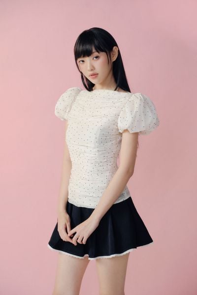  Áo kiểu Ivory Sheer Dot Puff Sleeves Top 