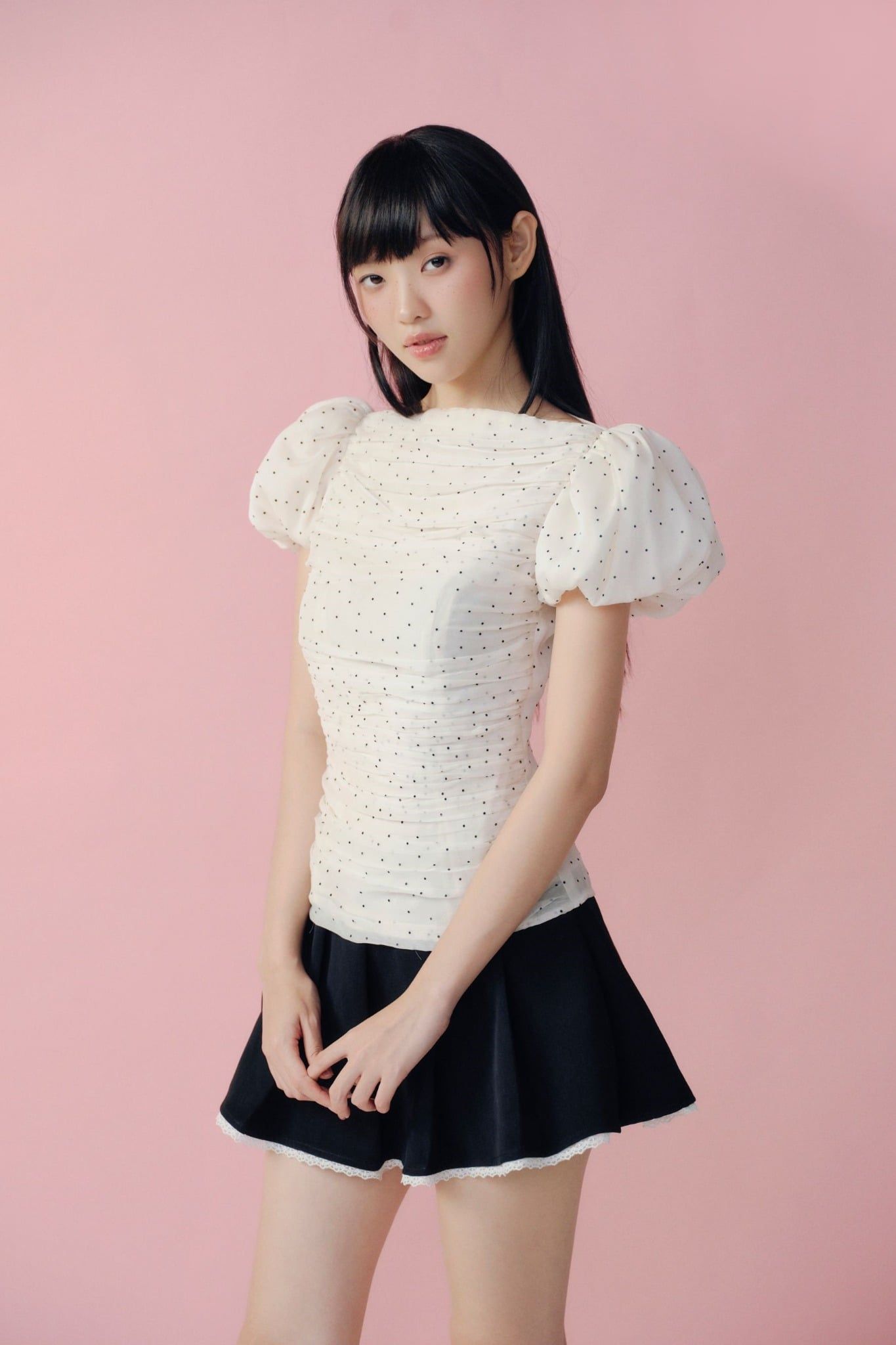 Áo kiểu Ivory Sheer Dot Puff Sleeves Top