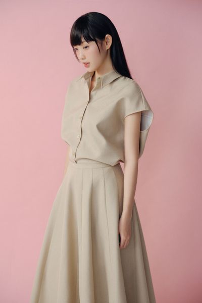  Set áo và chân váy Beige Tie Neck Midi Set 