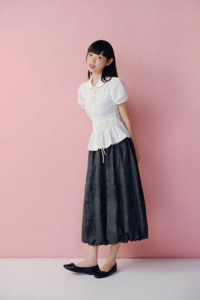  Áo White Puff Smocked Peplum Shirt 