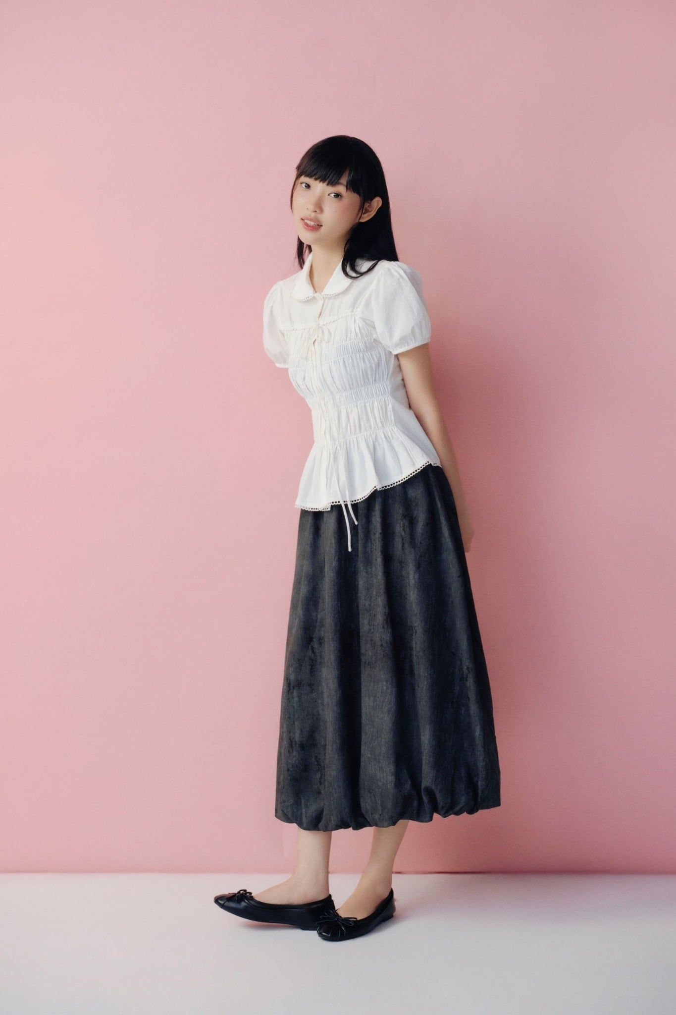 Áo White Puff Smocked Peplum Shirt