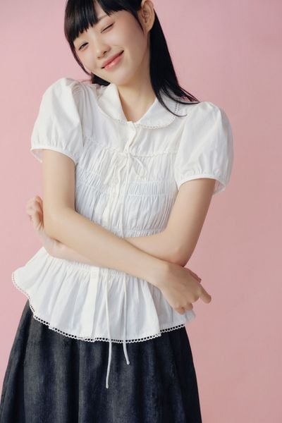  Áo White Puff Smocked Peplum Shirt 