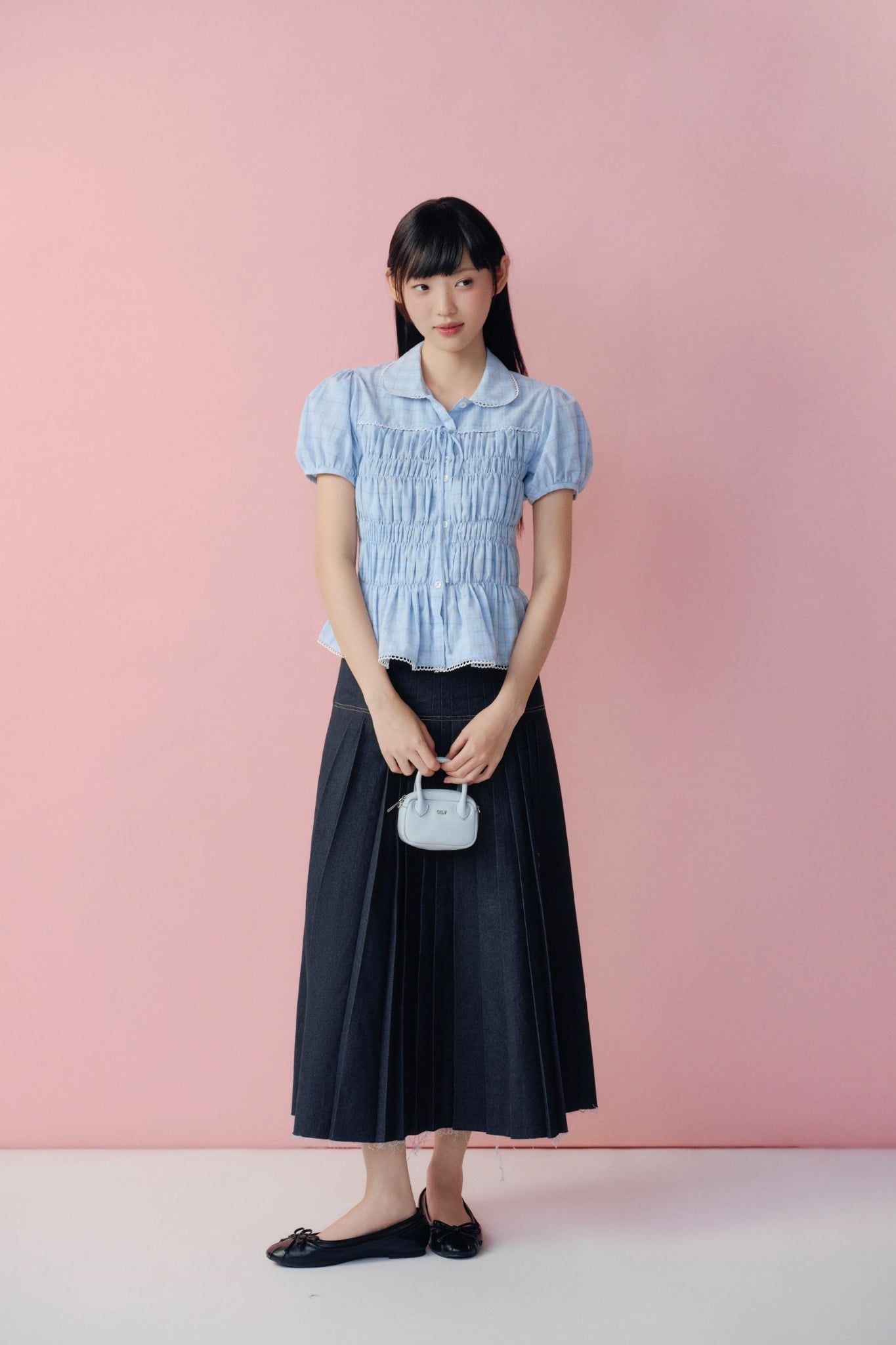 Áo kiểu cổ sen Blue Puff Smocked Peplum Shirt
