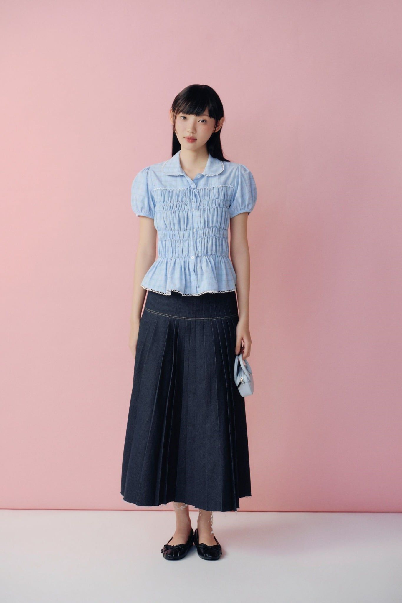 Áo kiểu cổ sen Blue Puff Smocked Peplum Shirt