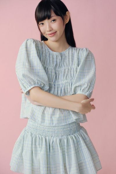  Set áo và chân váy Green Striped Ruffled Puff Sleeve Set 
