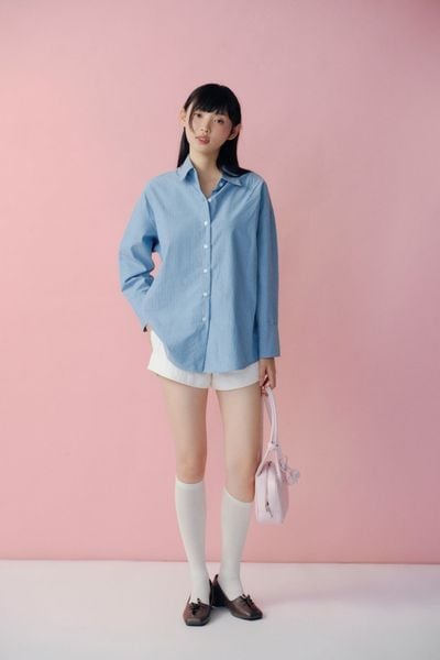  Áo sơ mi Muted Blue Cotton Striped Long Sleeves Shirt 