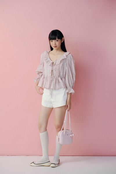  Áo babydoll Pink Cotton Ruffled Tie Front Shirt 