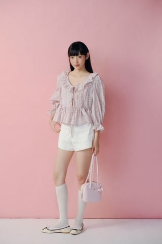 Áo babydoll Pink Cotton Ruffled Tie Front Shirt