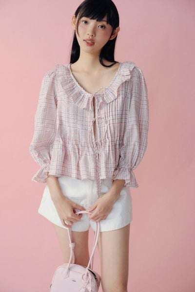  Áo babydoll Pink Cotton Ruffled Tie Front Shirt 